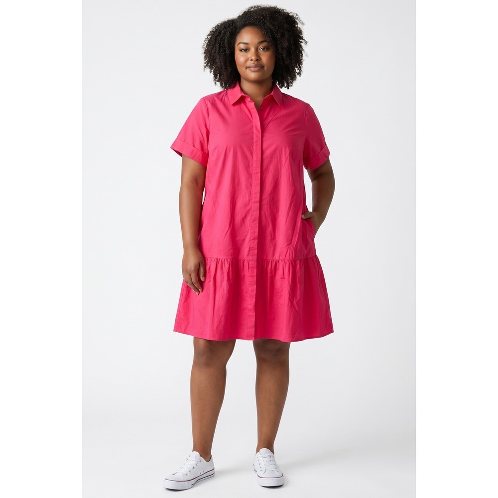 Pink Cotton Tiered Shirt Dress Short Sleeve 18W Pockets Preppy Feminine Ruffle